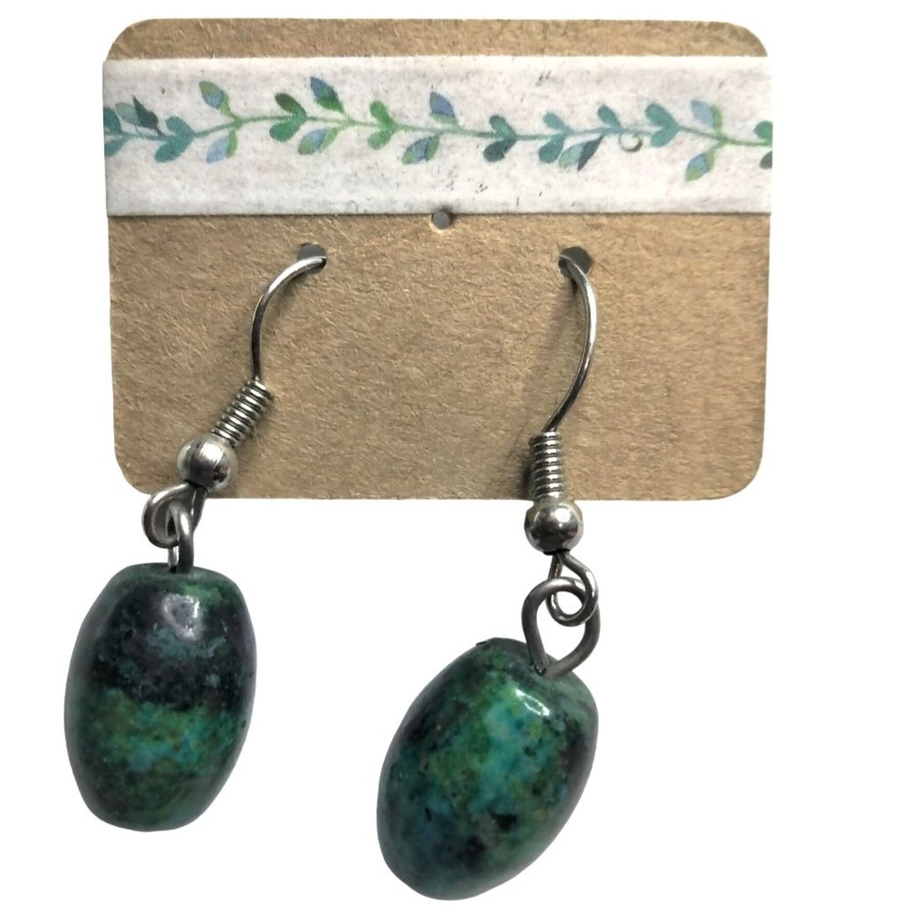 Blue Green Polished Stone Earrings Hook Drop Dangle USA